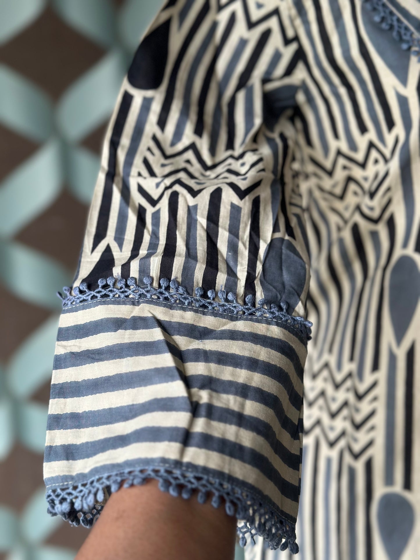 Grey Geometric Cotton Short Top