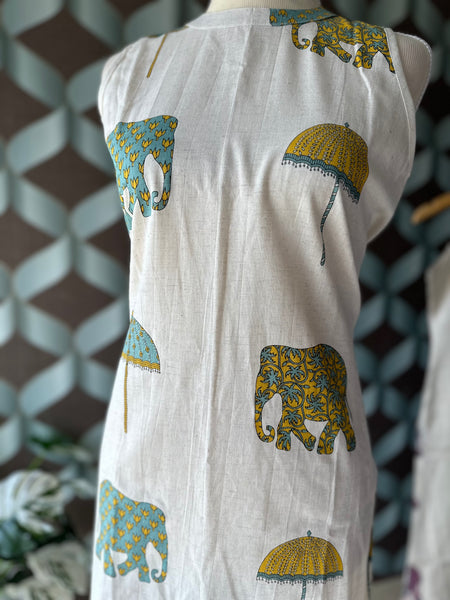 Jaipur Elephant&Umbrella Print Kurta Top(Green&Yellow)