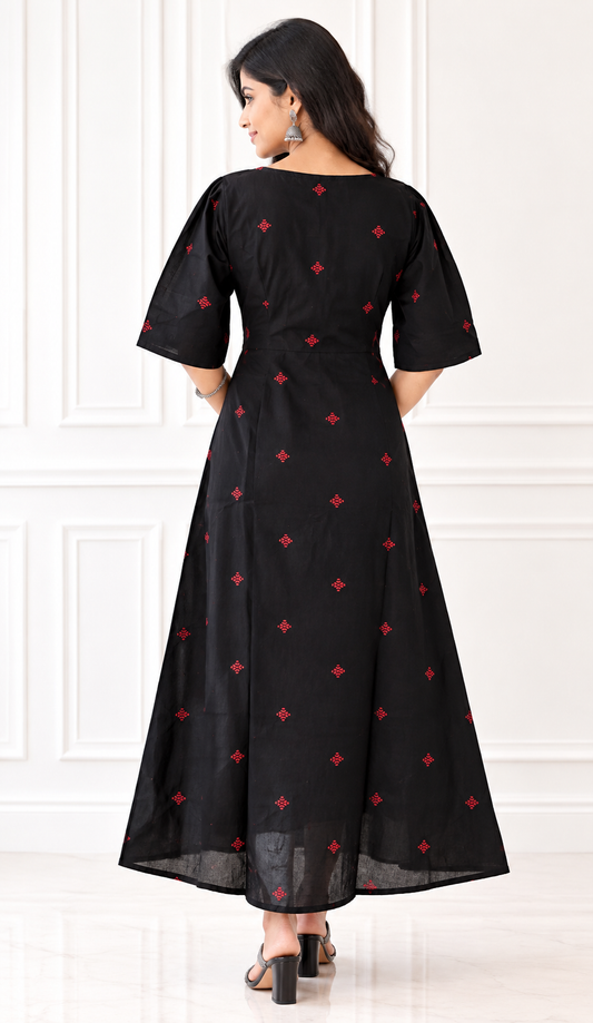Black Handloom Cotton A-Line Midi Dress