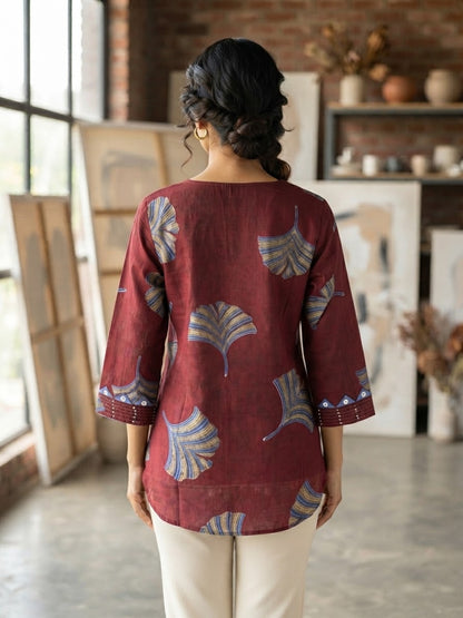 Maroon Printed Cotton Short Top