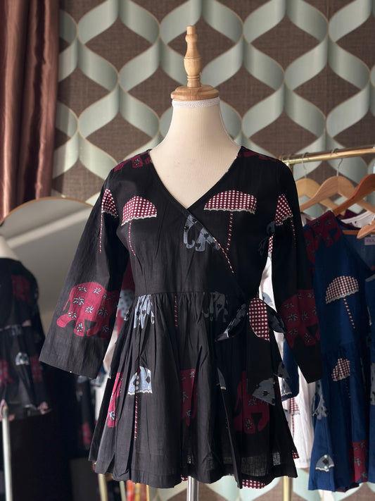 Classic Black Elephant Print Cotton Short Top