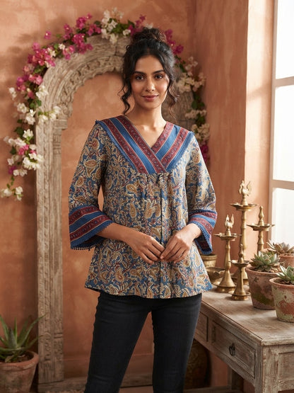 Blue Kalamkari Cotton Short Top