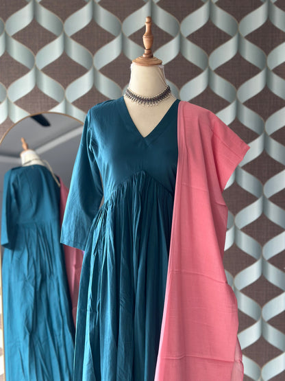 TANIKA Deep Teal Pure Cotton Anarkali Set with Peach Mul Cotton Dupatta