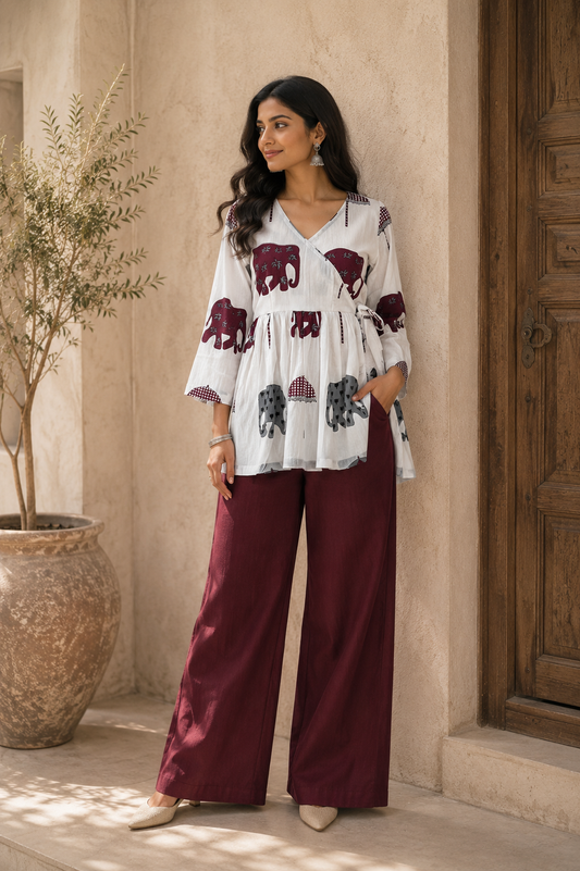 Ivory White Elephant Print Cotton Short Top