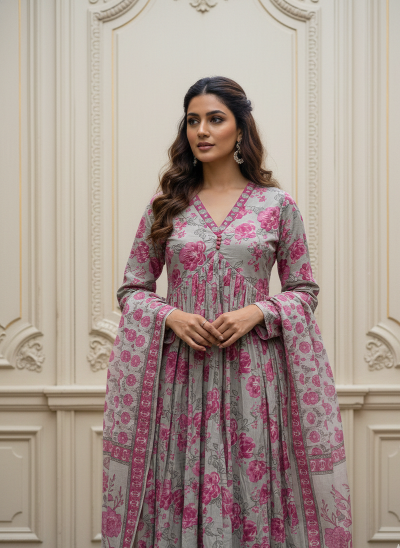 Jaipur Pistachio&Pink Floral Suit Set