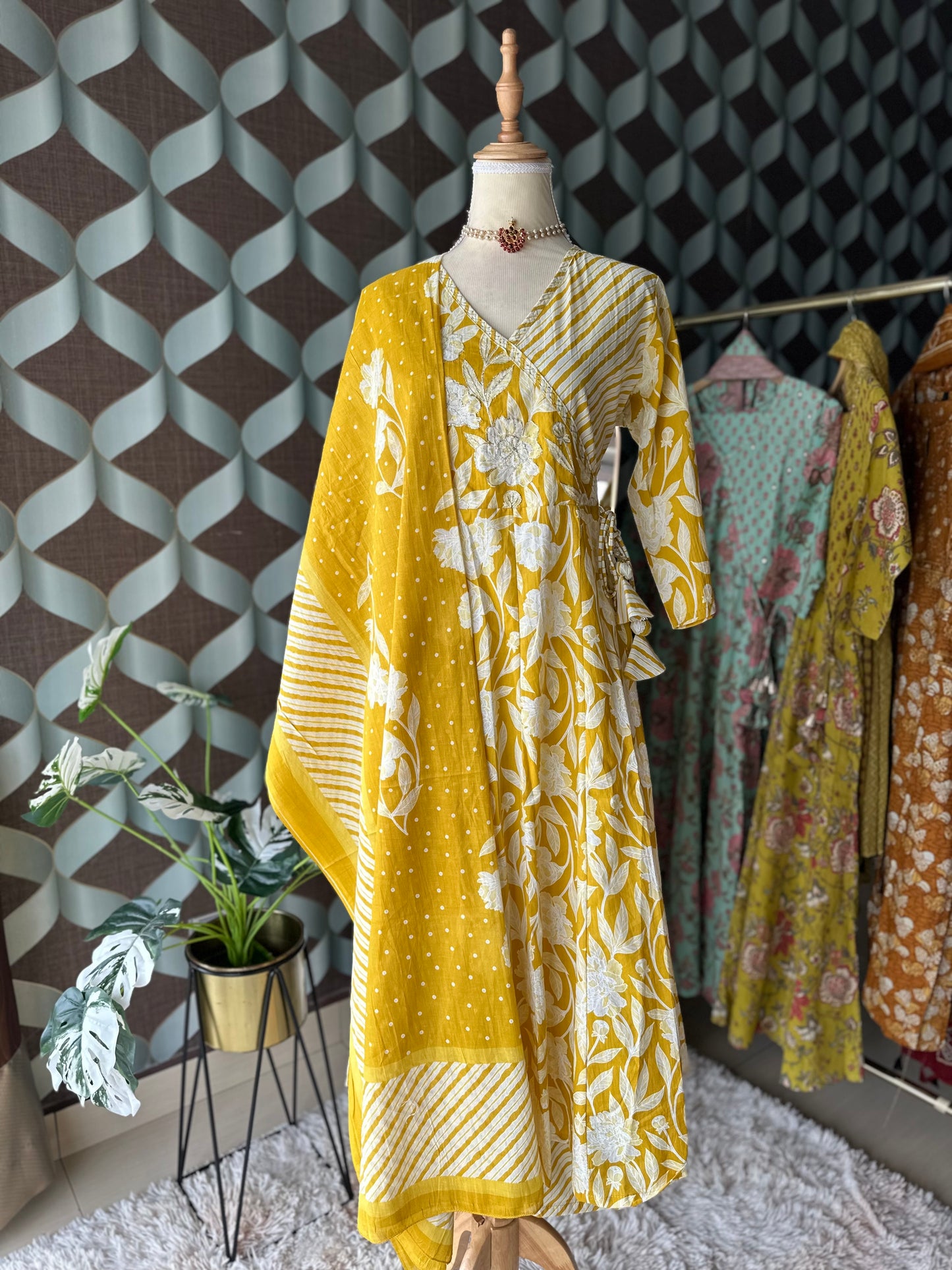 Lemon Yellow Cotton Anarkali Suit Set