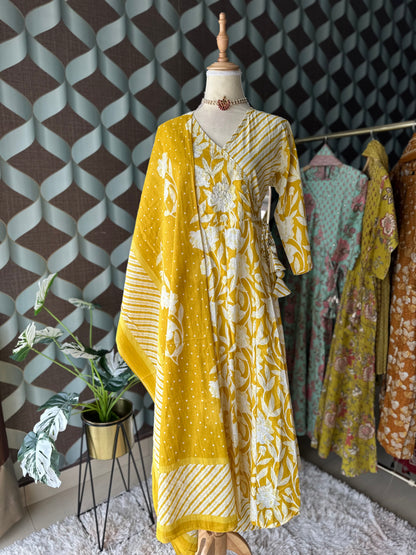 Lemon Yellow Cotton Anarkali Suit Set