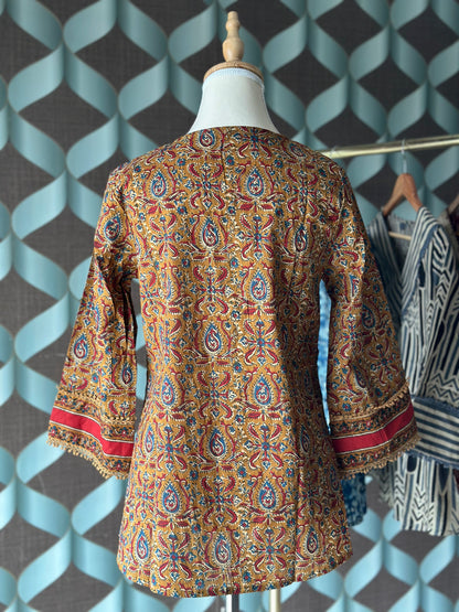 Mustard Kalamkari Cotton Short Top