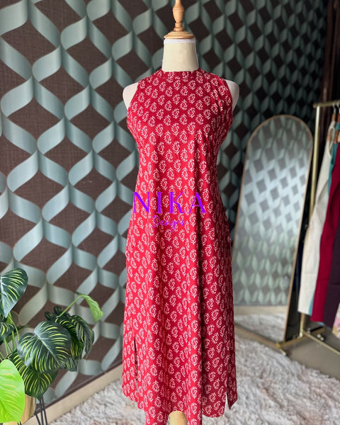 Red motif Halter Neck Kurta