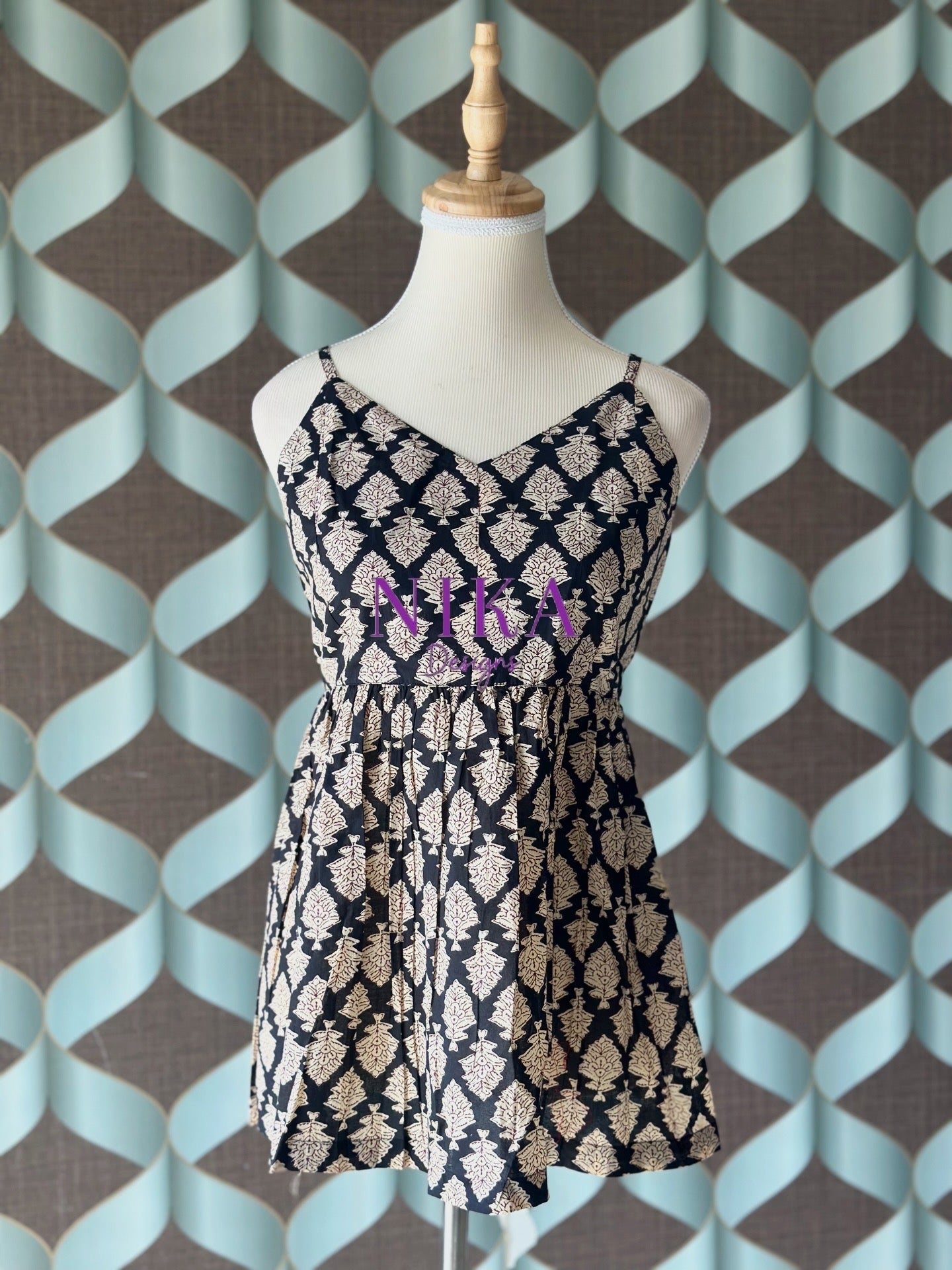 Black Printed Strap Smocked Top