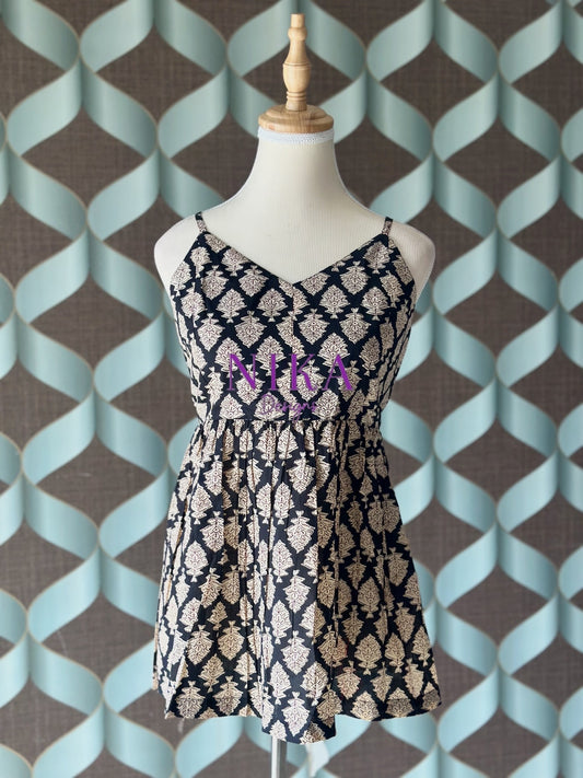 Black Printed Strap Smocked Top