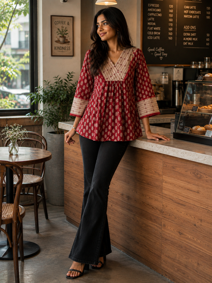 Maroon& Beige Cotton Top