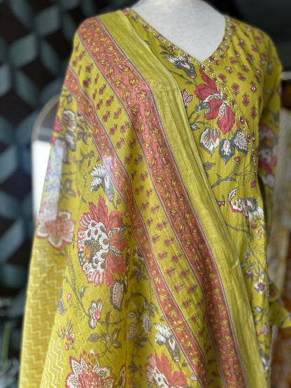 Yellow Floral Cotton Anarkali Suit Set