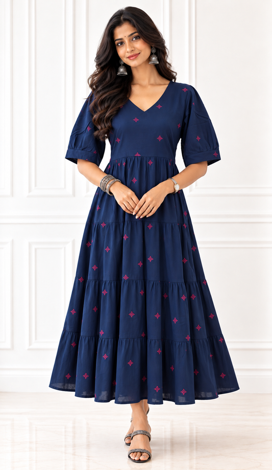 Navy Blue Handloom Cotton Tiered Midi Dress