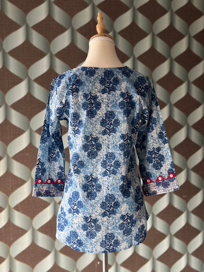 Blue Floral Cotton Short Top
