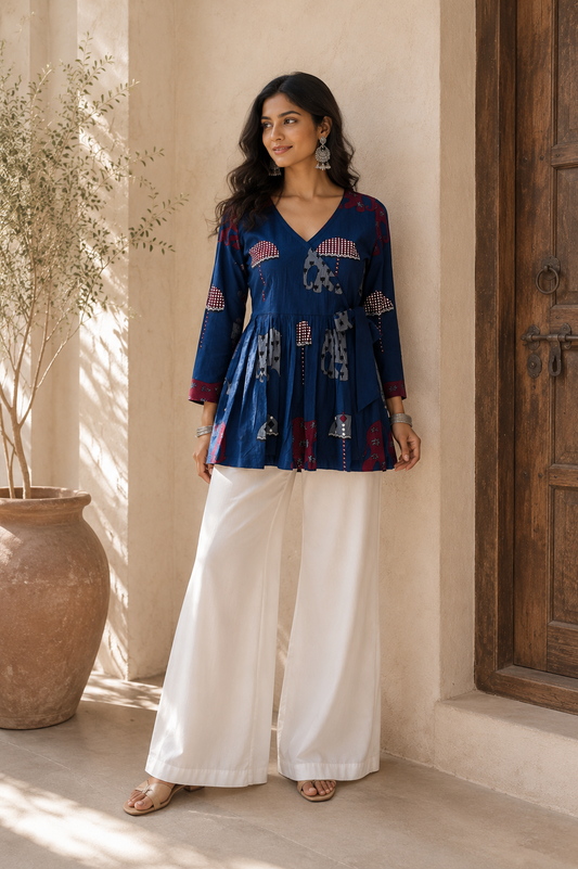 Royal Blue Elephant Print Cotton Short Top