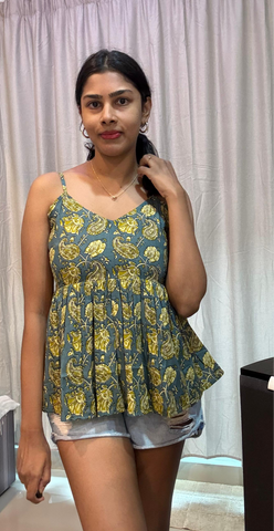 Paisley Teal Blue&Yellow Strap Top