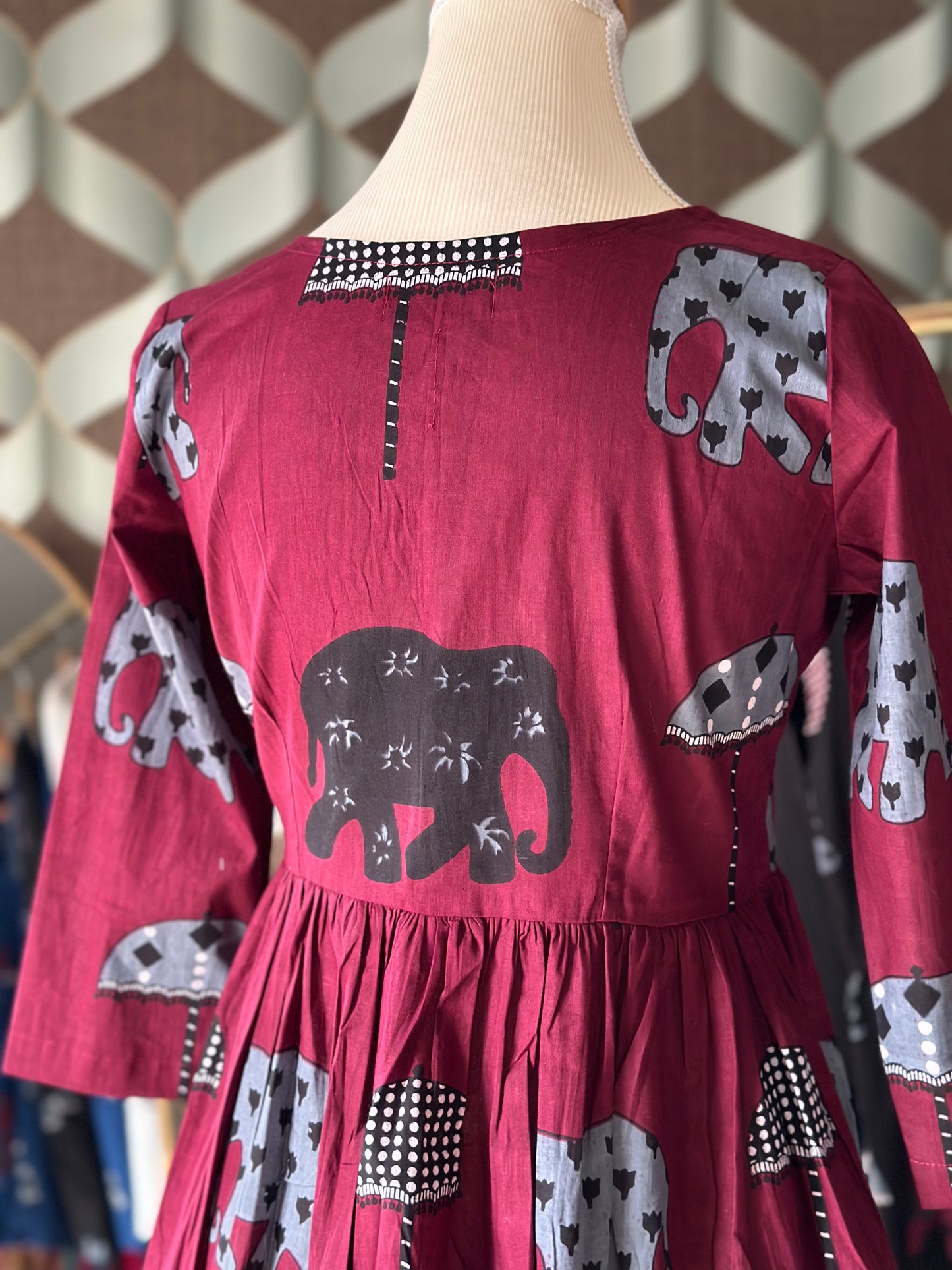 Burgundy Elephant Print Cotton Short Top