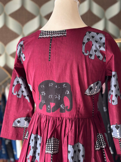 Burgundy Elephant Print Cotton Short Top