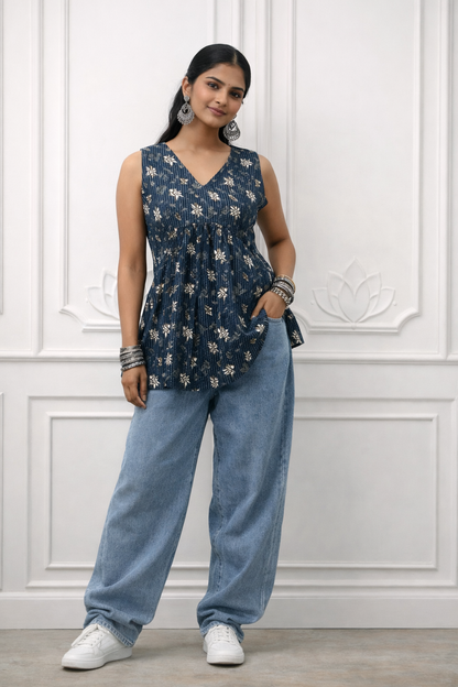 Dark Blue Floral Top