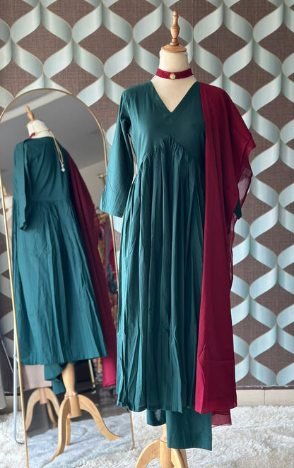 TANIKA Dark Green Pure Cotton Anarkali Set with Red Mul Cotton Dupatta