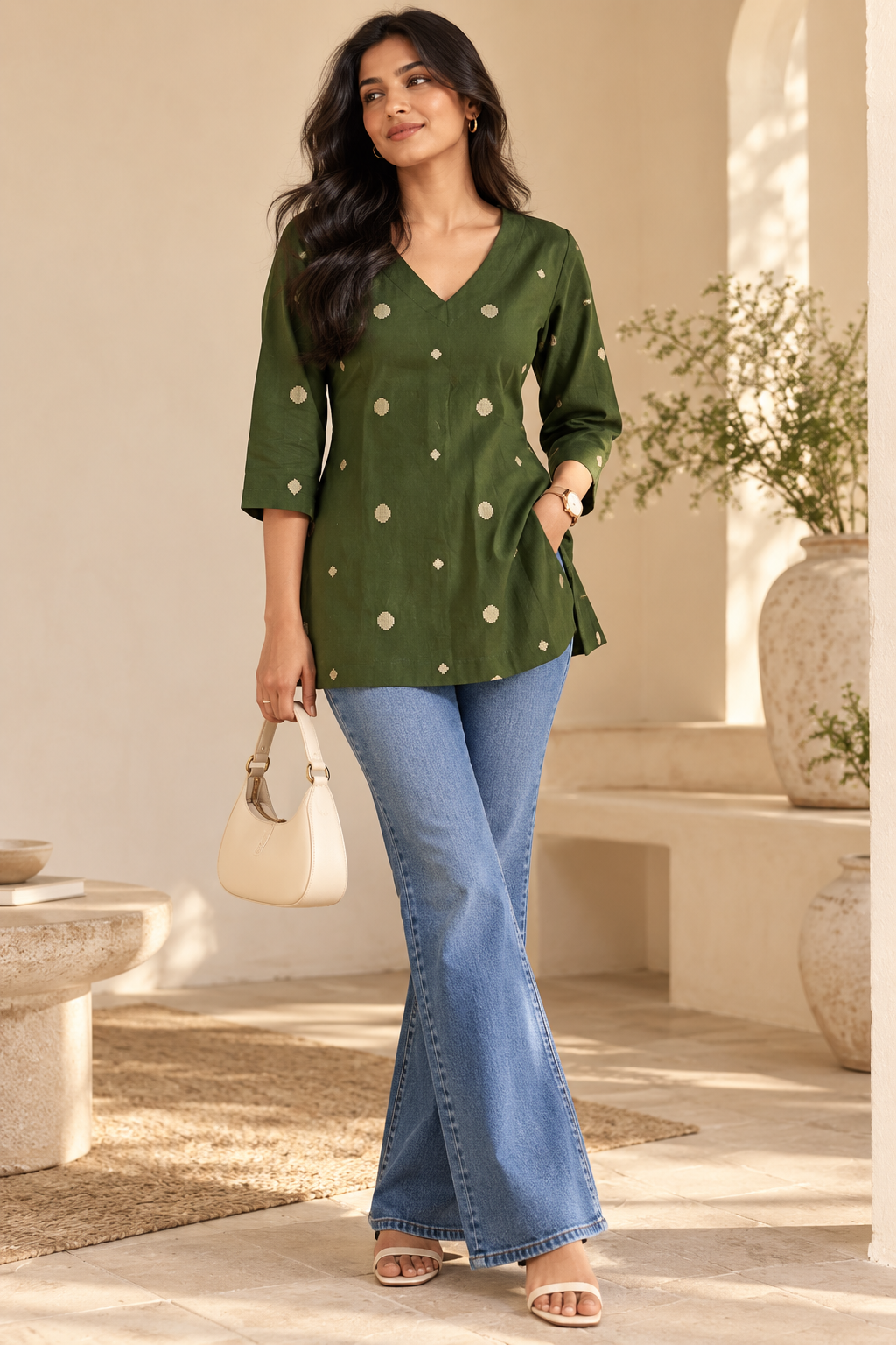 Forest Green Handloom Cotton V-Neck Top