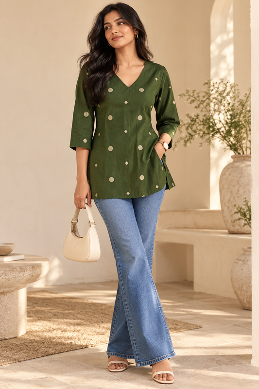 Forest Green Handloom Cotton V-Neck Top