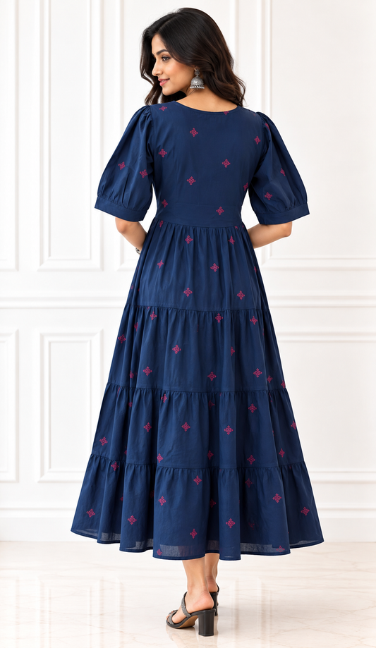 Navy Blue Handloom Cotton Tiered Midi Dress