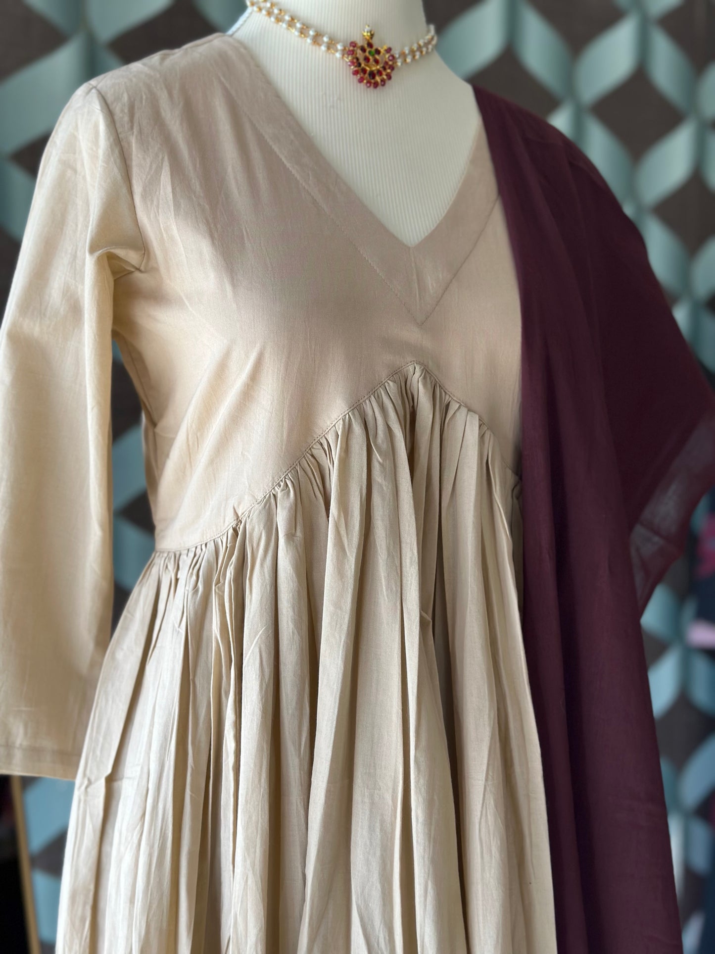 TANIKA Beige Pure Cotton Anarkali Set with Burgundy Mul Cotton Dupatta