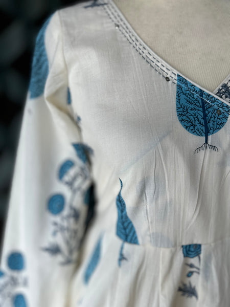Mul Cotton Blue&Cream Anarkali