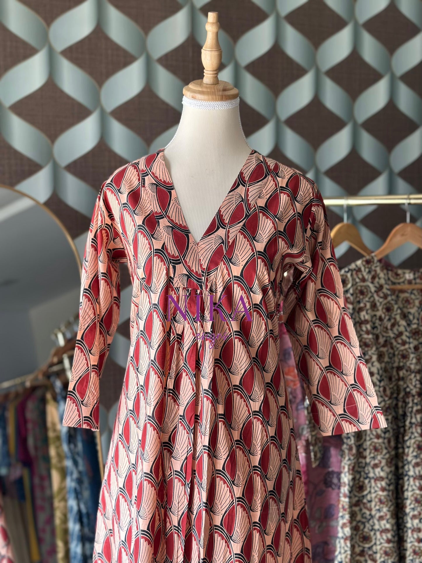 Red Cotton A-line Kurta Top