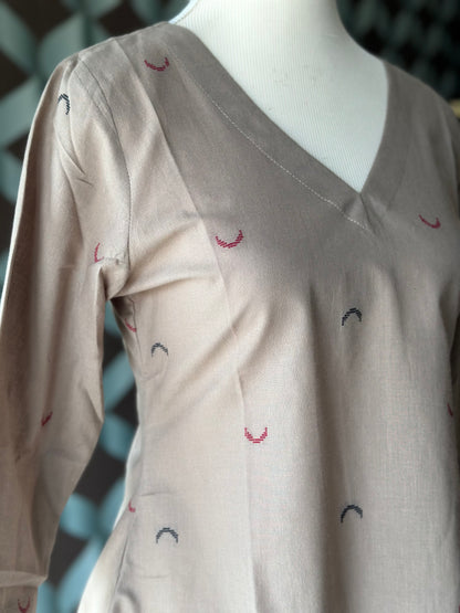Khaki Beige Handloom Cotton V-Neck Top