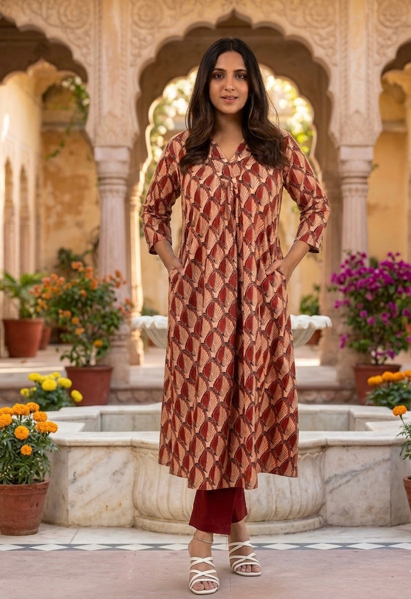 Red Cotton A-line Kurta Top