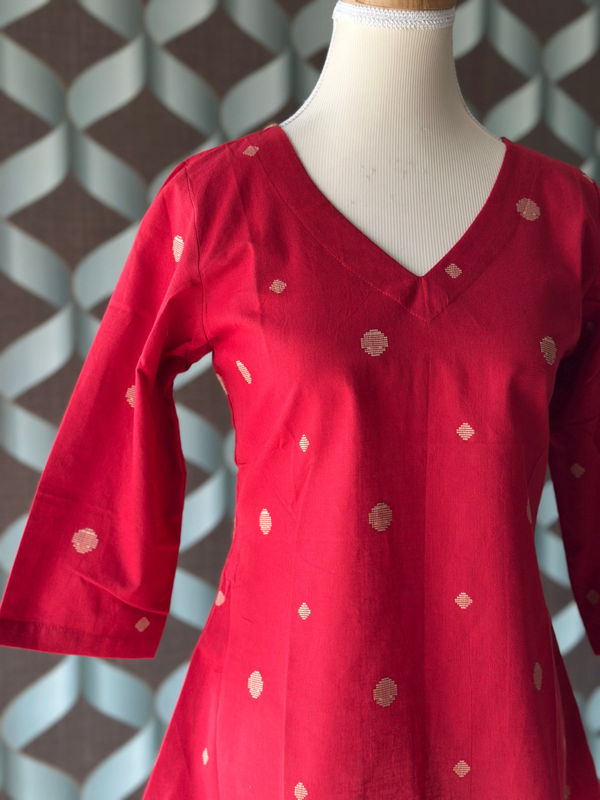 Ruby Red Handloom Cotton V-Neck Top