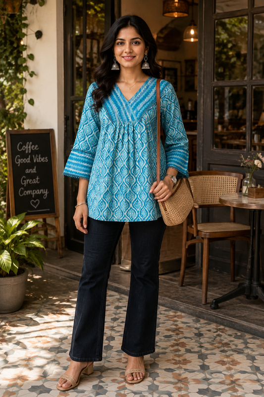 Turquoise Blue Cotton Short Top