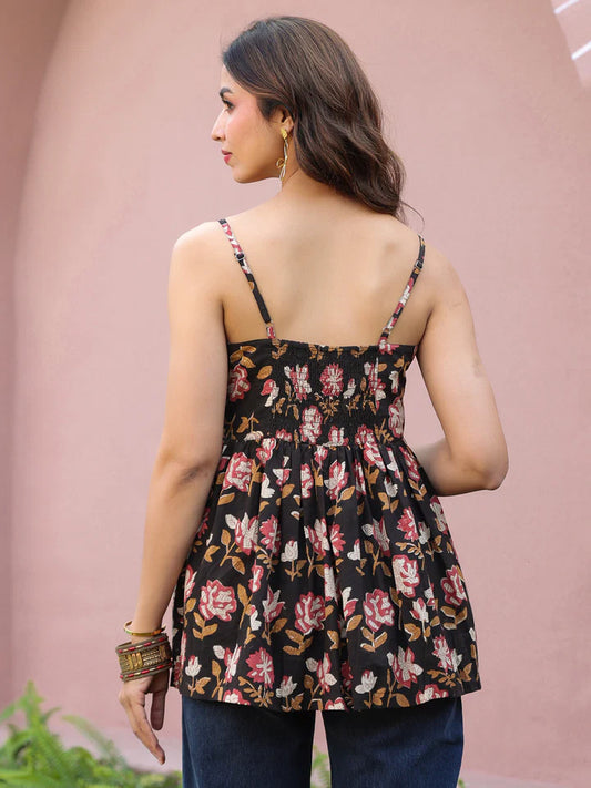Black Floral Printed Strap Smocked Top