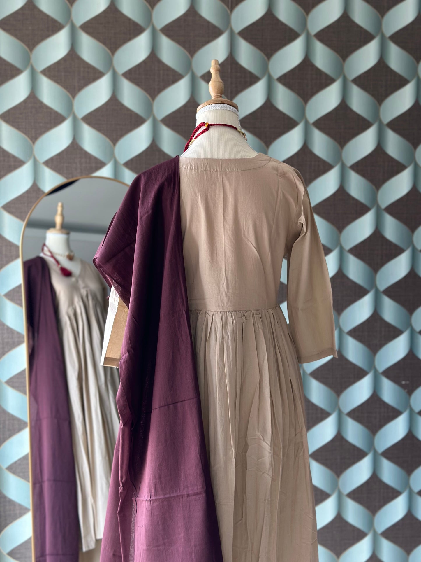 TANIKA Beige Pure Cotton Anarkali Set with Burgundy Mul Cotton Dupatta