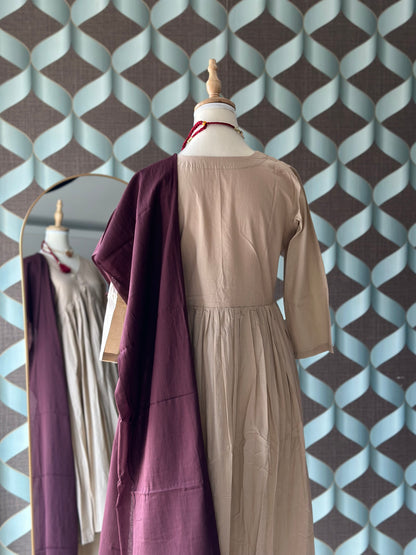 TANIKA Beige Pure Cotton Anarkali Set with Burgundy Mul Cotton Dupatta