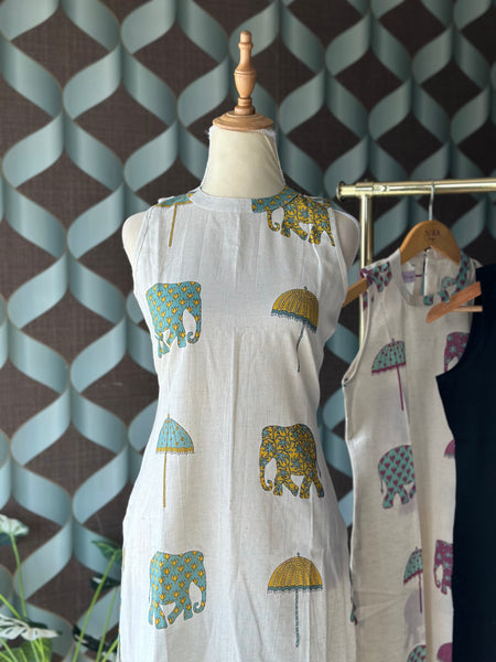 Jaipur Elephant&Umbrella Print Kurta Top(Green&Yellow)