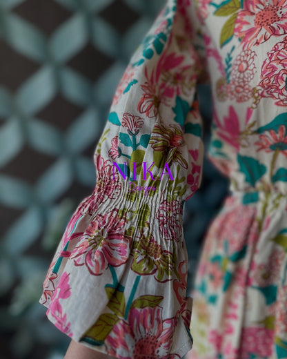 Cream Floral Cut-out Waist Dress