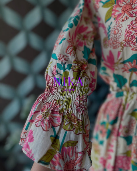 Cream Floral Cut-out Waist Dress