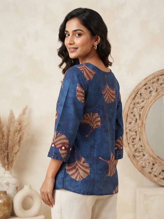 Berry Blue Printed Cotton Short Top