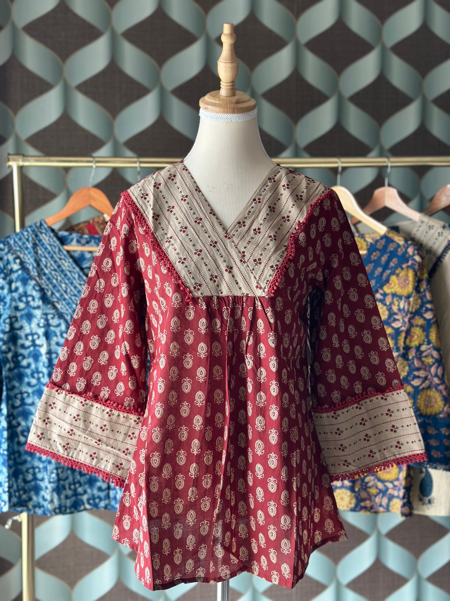 Maroon& Beige Cotton Top