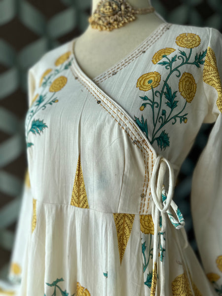 Mul Cotton Yellow&Cream Anarkali