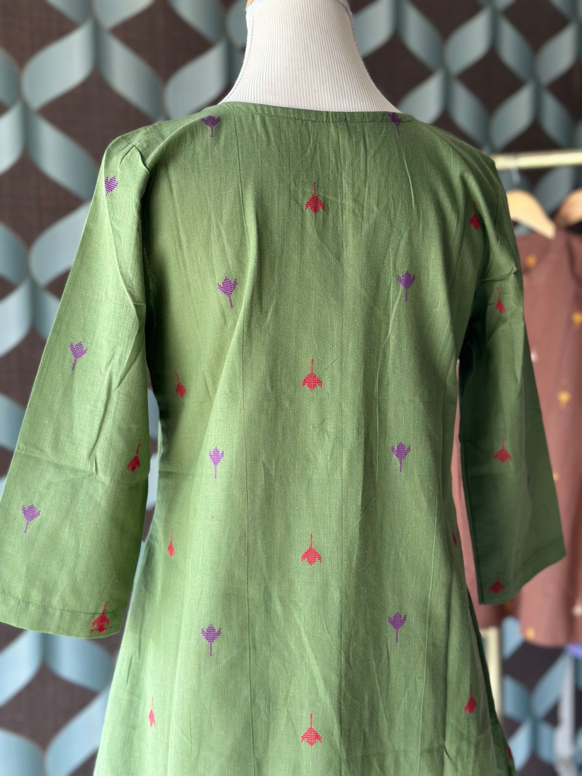 Olive Green Handloom Cotton V-Neck Top