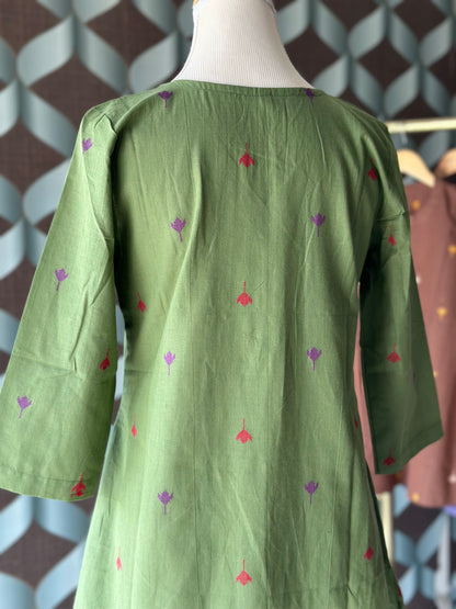 Olive Green Handloom Cotton V-Neck Top