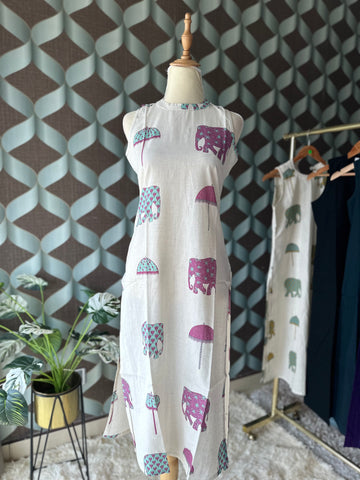 Jaipur Elephant & Umbrella Kurta Top(Megenta&Teal)