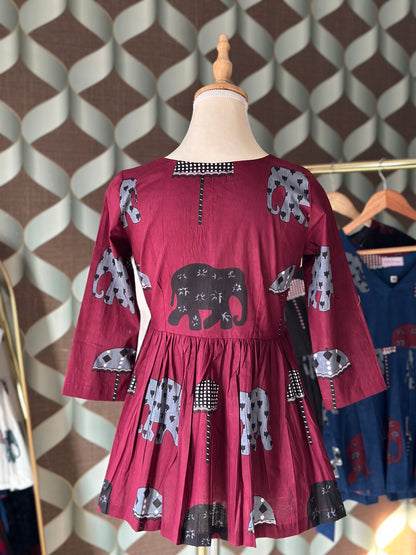 Burgundy Elephant Print Cotton Short Top
