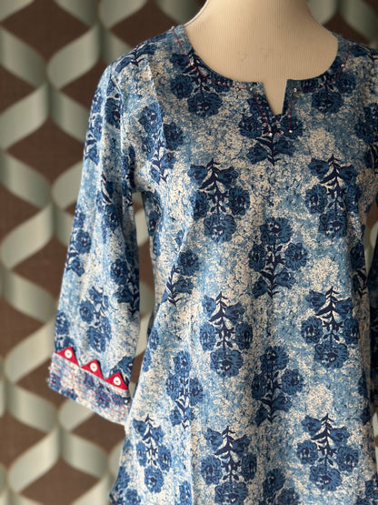 Blue Floral Cotton Short Top