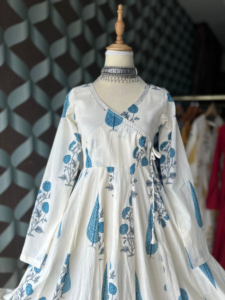 Mul Cotton Blue&Cream Anarkali